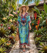 Sakkas Georgettina Flowy Rhinestone V Neck Long Caftan Dress/Cover Up