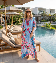 Sakkas Georgettina Flowy Rhinestone V Neck Long Caftan Dress/Cover Up